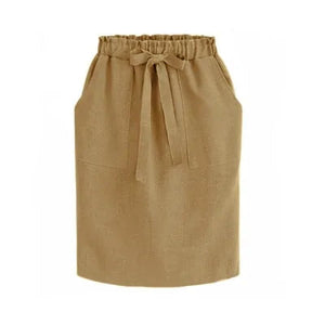 Women's Cotton Elastic Waist Bow Skirt - Summer/Autumn Midi Office Pencil Style (Green) Rieworkes