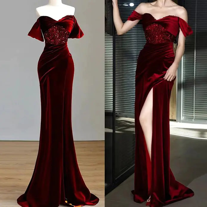 Fishtail Wine Red Off-Shoulder Velvet Sequin Dress Rieworkes