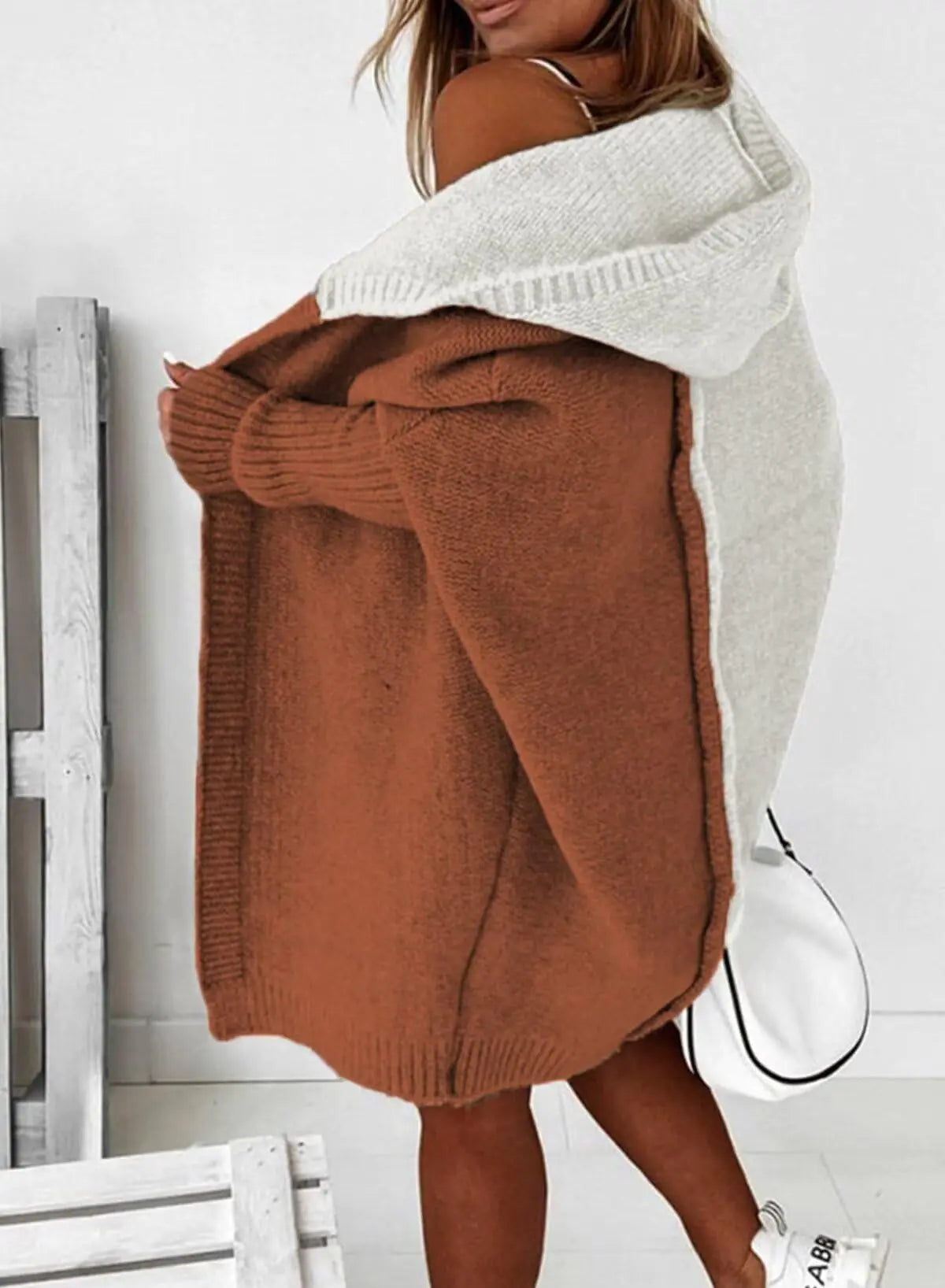 Astylish Women 2024 Open Front Long Sleeve Hooded Knit Cardigan Sweaters Color Block Outwear Coat Medium Brown Rieworkes