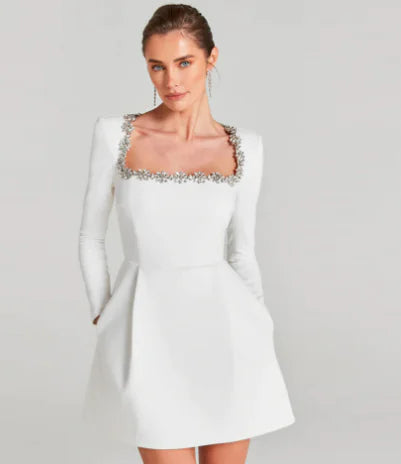 Chloe™ Elegant Summer Long Sleeve Dress with Rhinestones Rieworkes