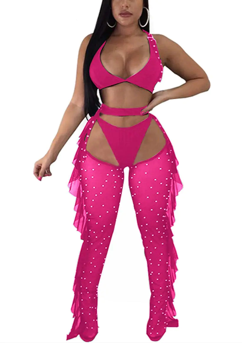 Yeshire Womens Sexy 2 Pieces Outfit See Through Crop Top and Pants Sets Mesh Cover Up Backless Jumpsuits Clubwear X-Large Rose Mimarta