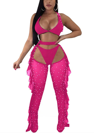 Yeshire Womens Sexy 2 Pieces Outfit See Through Crop Top and Pants Sets Mesh Cover Up Backless Jumpsuits Clubwear X-Large Rose Mimarta