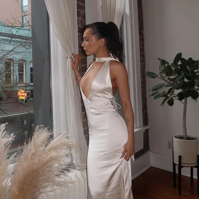 White Satin Halter Fashion Elegant Dress Rieworkes