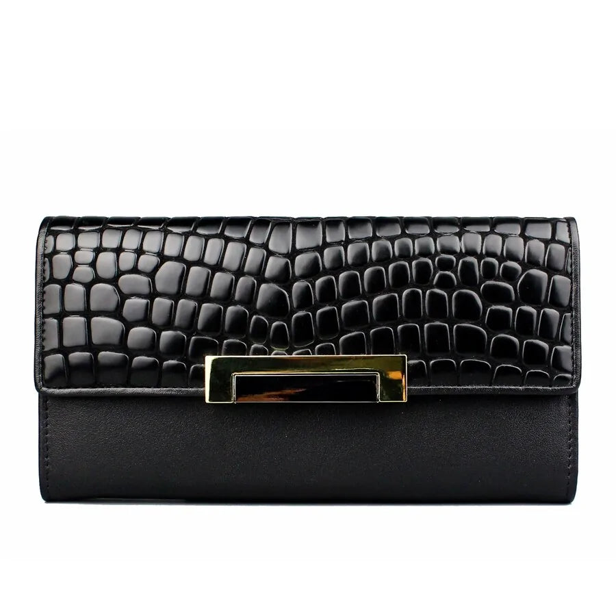 Genuine Leather Women's Wallet: Large Capacity, 3 Fold, Luxury Snake Skin Design in Black Rieworkes
