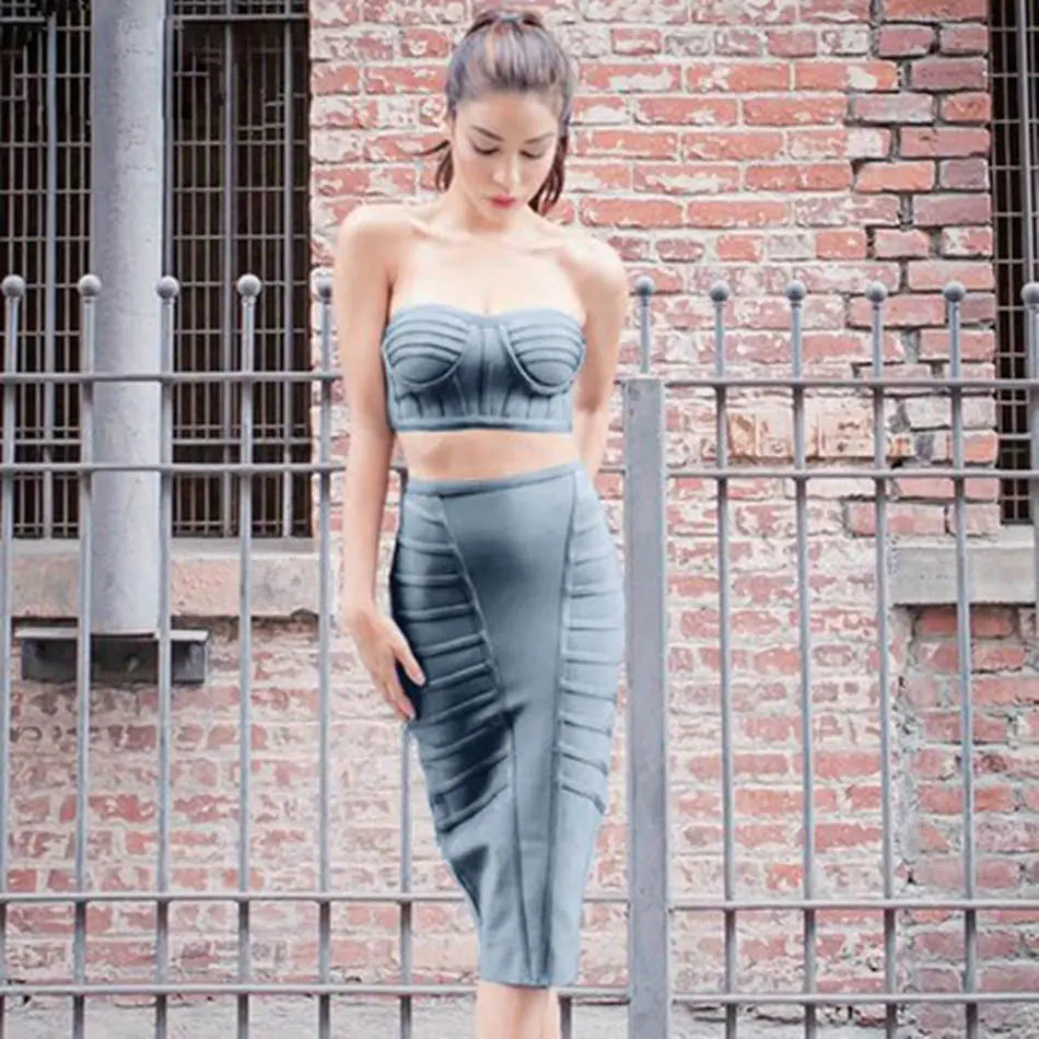 2018 Fall Winter Women's Strapless Gray Dress Set Mimarta