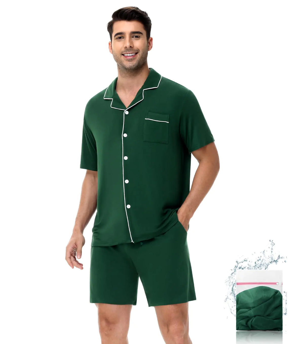 YOPUGEE Mens Pajama Set Short Sleeve 2PCS Sleepwear Button Down Loungewear Set Soft Modal Pj Set with PocketsGreen-XL Rieworkes