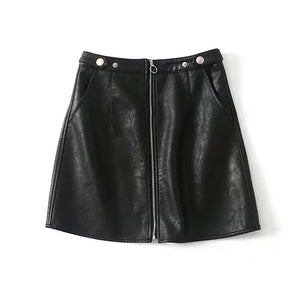 High Waist Slim Zipper A-Line PU Leather Mini Skirt Rieworkes