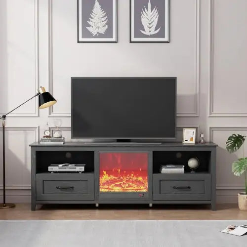 70.08 Inch Length Black TV Stand For Living Room And Bedroom, With 2 Drawers And 4 High-Capacity Storage Compartment,Suitable For Fireplace Rieworkes