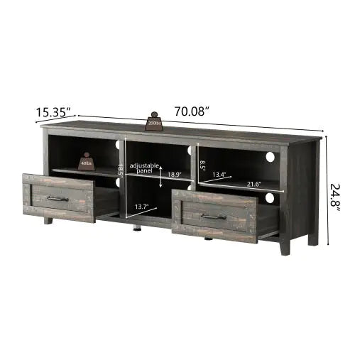 70 Inch Length TV Stand For Living Room And Bedroom, With 2 Drawers And 4 High-Capacity Storage Compartment, Black Pine Rieworkes