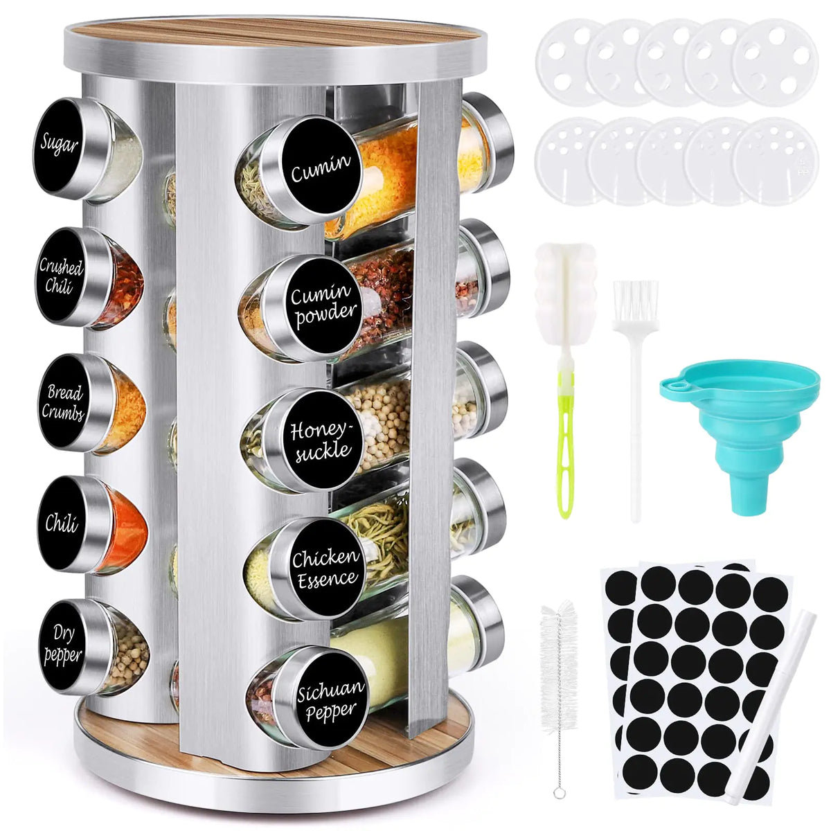 Spice Rack Organizer with Jars for Cabinet (20Pcs) Revolving/Rotating Seasoning Organizer Stainless Steel/Wooden Countertop Rack Tower Organizer for Kitchen Pantry with Reusable Labels/Funnel/Brushes Mimarta