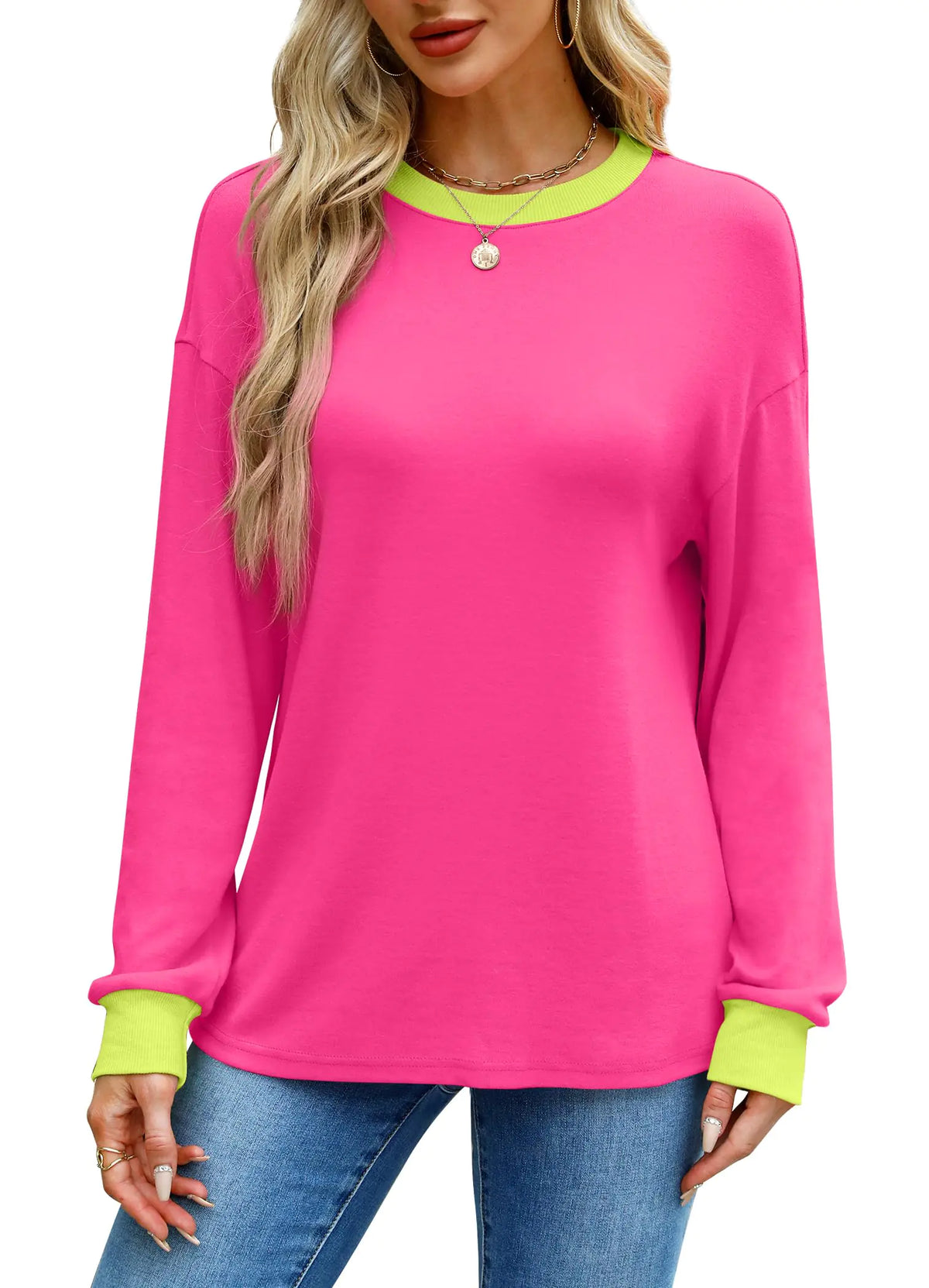 WIHOLL Womens Tunic Tops Long Sleeve Striped Shirts Crewneck Tops Plain Hot Pink X-Large Rieworkes