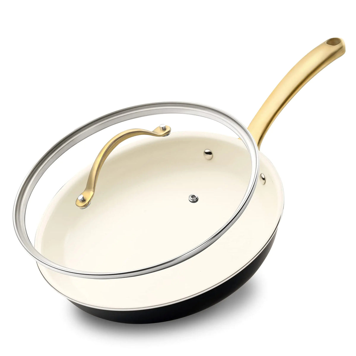 NutriChef 12-Inch Professional Ceramic Frying Pan With Lid - Large Skillet with Golden Titanium Handle Non-Stick Ceramic Coating Stain-Resistant Easy to Clean Ideal for Home Cooking Mimarta