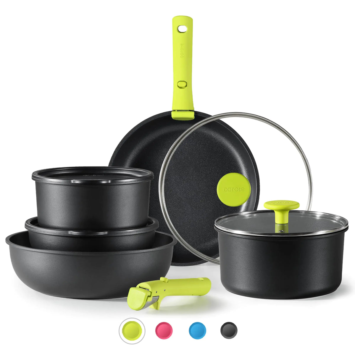 CAROTE Pots and Pans Set Non Stick Cookware Sets Oven/Fridge Safe Space Saving Pots Set 11pcs Kitchen Set Nonstick Set with Versatile Removable/Detachable Handle Induction RV Set Chartreuse Rieworkes