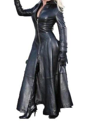 Women's Long PU Leather Jacket with Stand Collar Mimarta