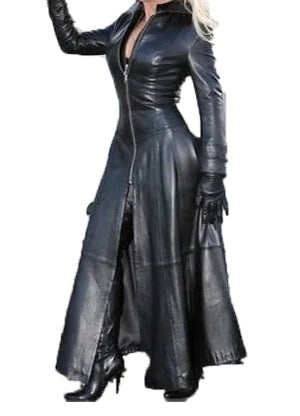 Women's Long PU Leather Jacket with Stand Collar Mimarta