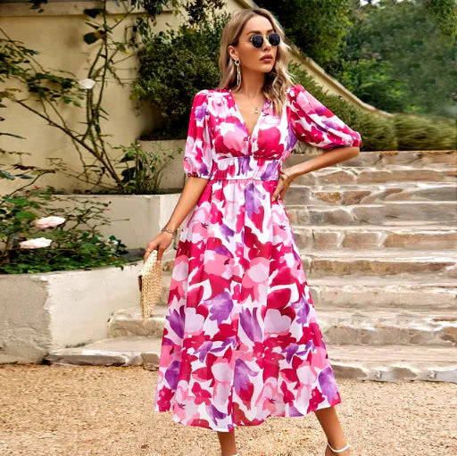 New V-neck Printed Short-sleeved Long Dress Summer Fashion Slim Seaside Vacation Beach Dresses For Women Clothing Rieworkes