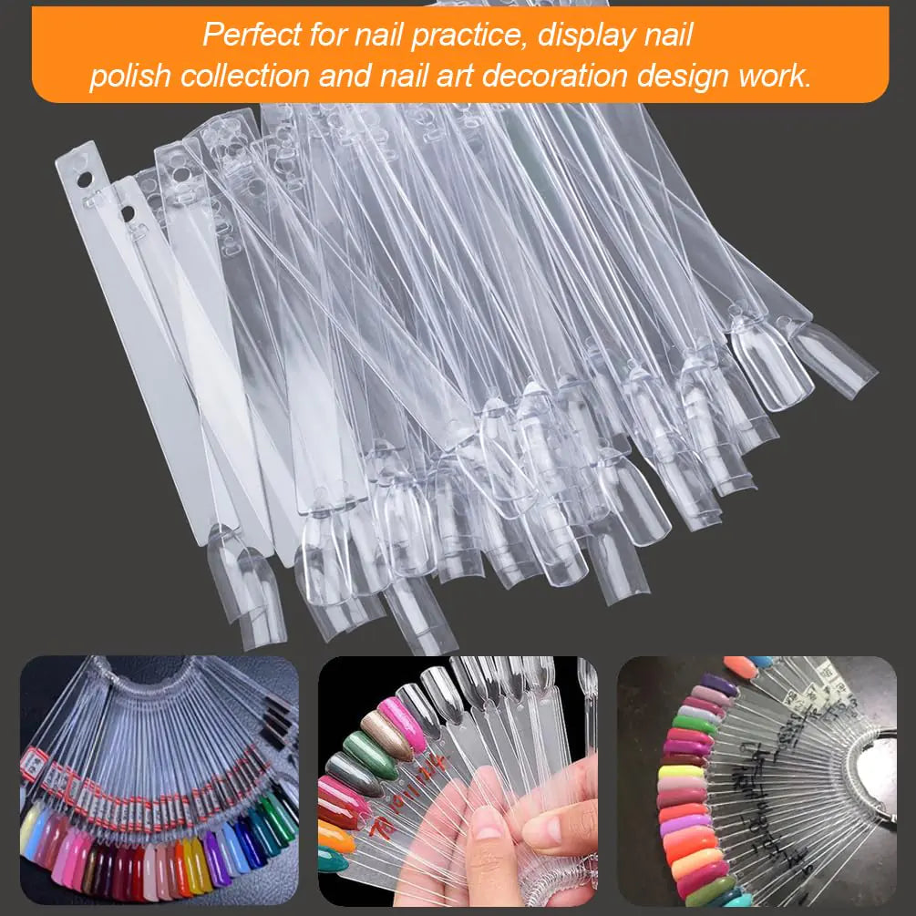 JASSINS 150 Pcs Nail Swatch Sticks with Ring and Number posted, Clear Fan-shaped Nail Art Polish Practice Display Tips Nail Sample Sticks, Nail Practice Color Display Polish Board C. Transparent (150 PCS) Rieworkes