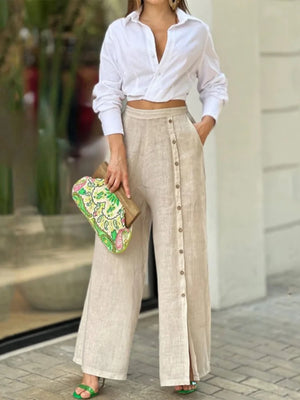 Long Sleeve Nipped Waist Top And Wide Legs Pants Rieworkes