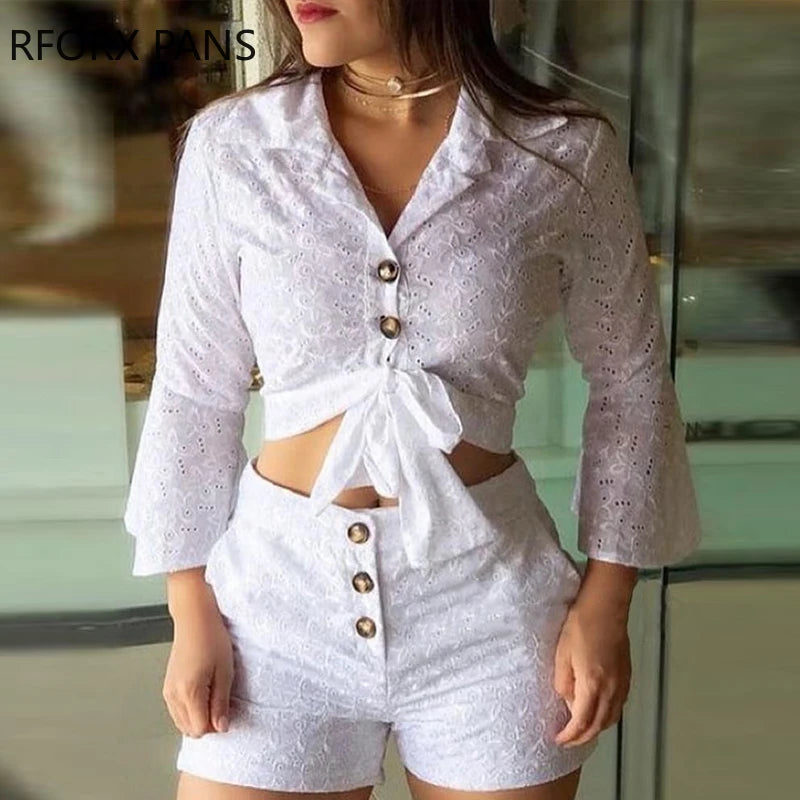 Casual Women’s Broderie Lace Blouse and Shorts Set Mimarta