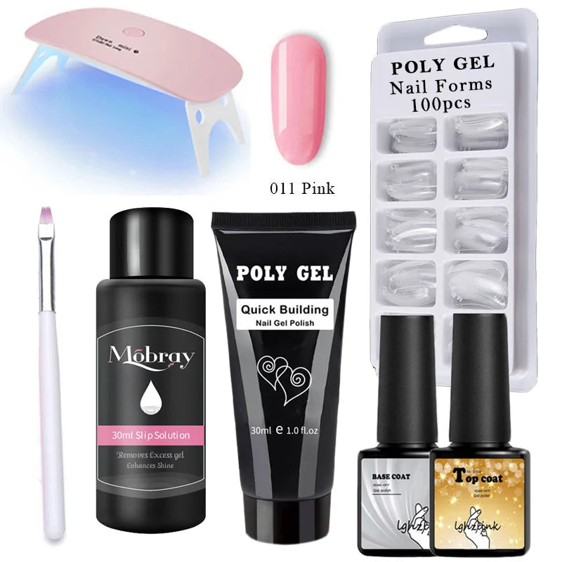French Nail Art Poly Gel Kit with UV Brush and Nail Tips Rieworkes