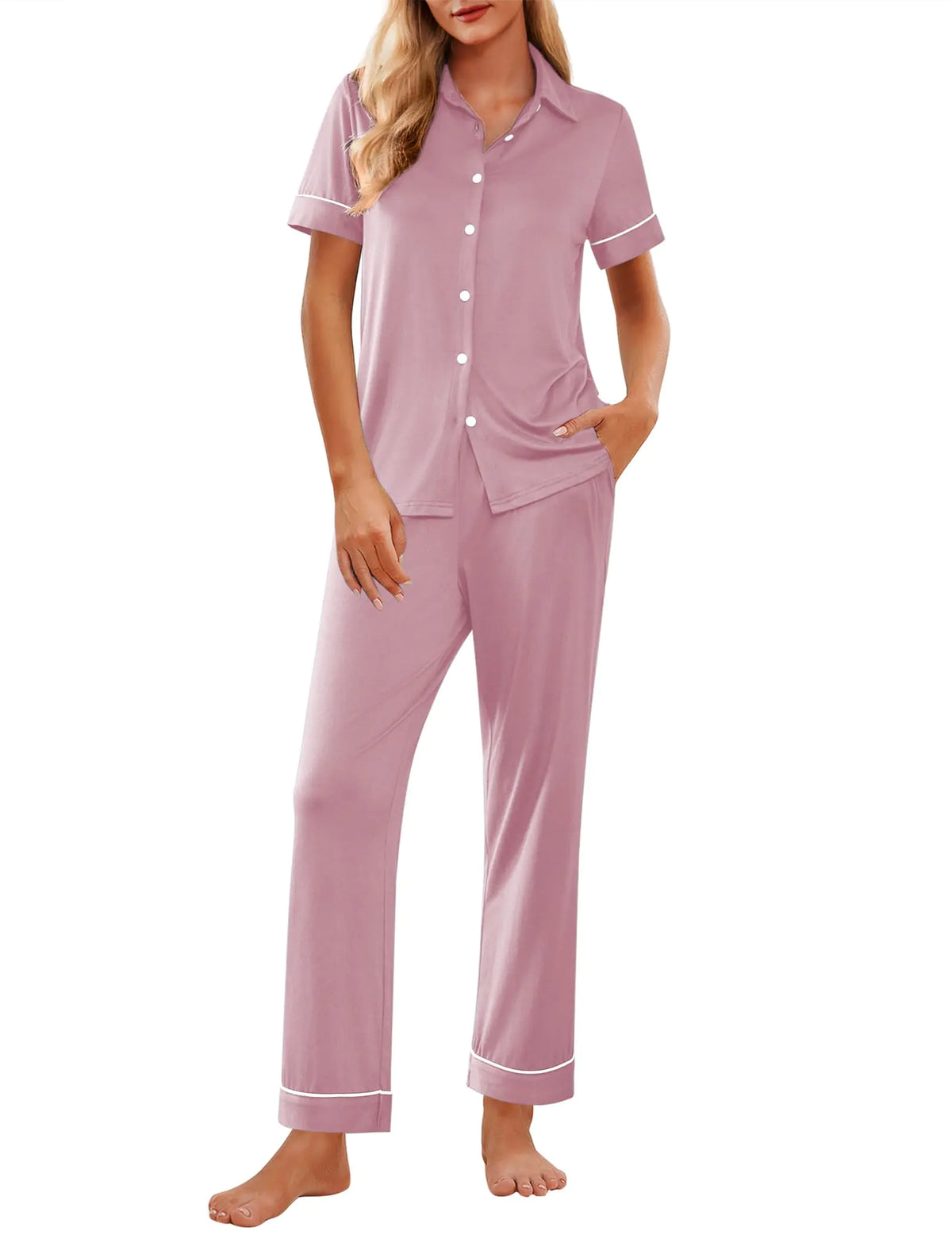 Ekouaer Women Pajamas Set Button Down Short Sleeve Pjs Set Soft Lounge Set with Long PantsMauve-pink M Rieworkes