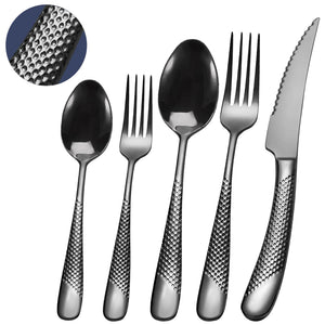 Runfly 20 Piece Hammered Black Silverware Set 18/10 Stainless Steel Flatware Set Modern Kitchen Utensil Set Service for 4 Tableware Set Cutlery Set Including Fork Spoon and Knife Rieworkes