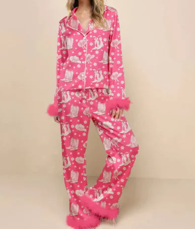 Christmas Satin Printed Long Sleeve Pants Pajamas Suit Rieworkes
