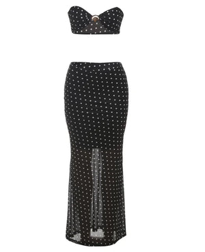 Women's Black Sheath Mesh Dots Two-piece Set (Top and Skirt) Mimarta