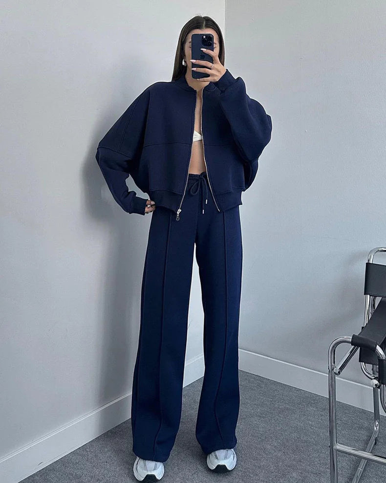 BASIC Solid Color Zip Sweater and Trousers Suit for Women Rieworkes