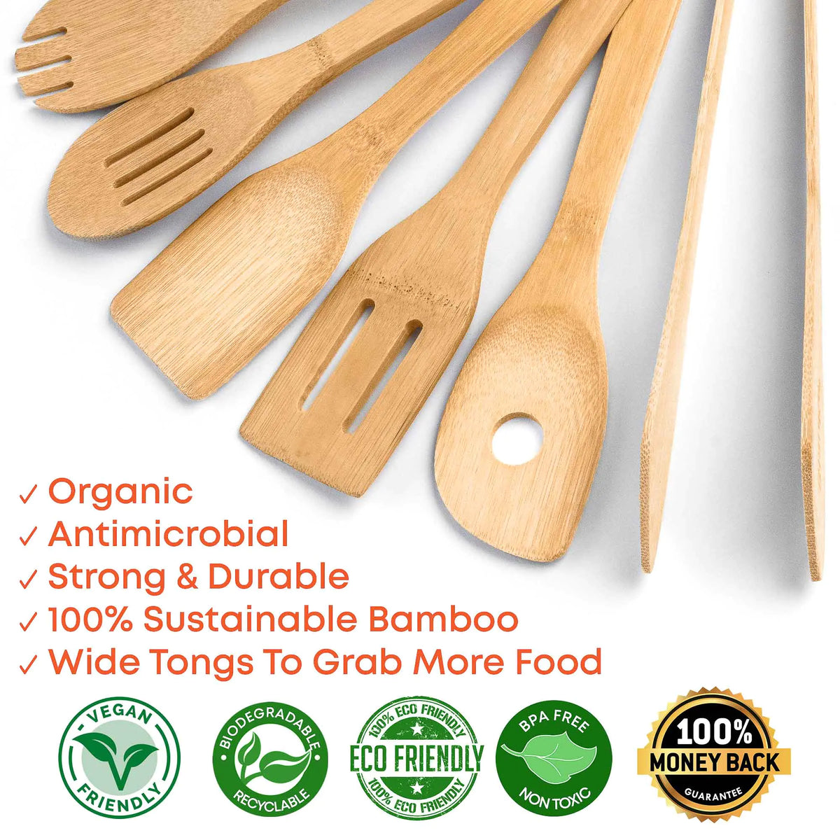 Bamboo Kitchen Utensils Set 8-Pack - Wooden Cooking Utensils for Nonstick Cookware - Wooden Cooking Spoons, Spatulas, Turner, Tongs, Utensil Holder Rieworkes