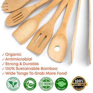 Bamboo Kitchen Utensils Set 8-Pack - Wooden Cooking Utensils for Nonstick Cookware - Wooden Cooking Spoons, Spatulas, Turner, Tongs, Utensil Holder Rieworkes