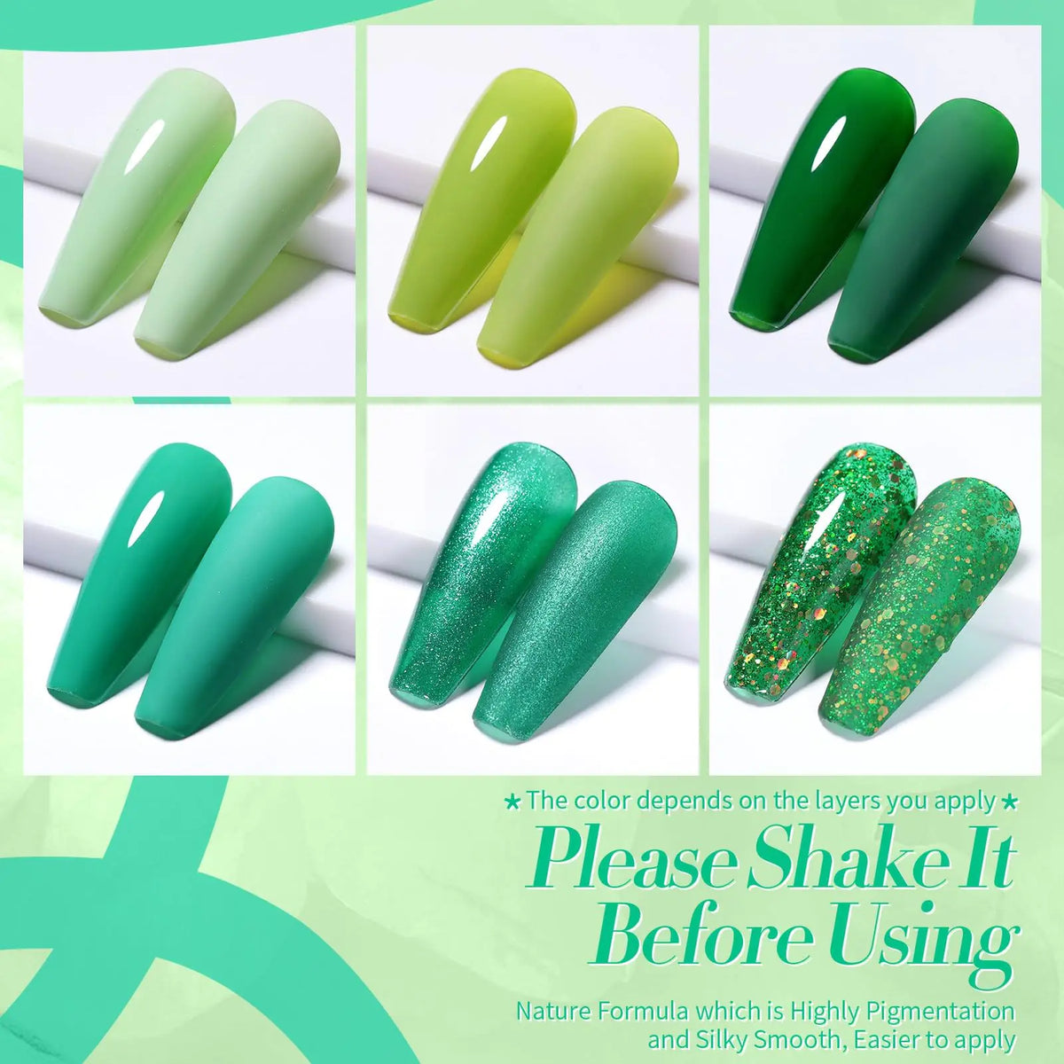 Born Pretty Green Gel Nail Polish, Christmas Carnival Evergreen Gel Nail Polish Set, Glitter Green Sparkle Gel Polish Nail Art Varnish Manicure Collection St. Patrick's Day 6PCS green forest Rieworkes