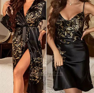 Cherry Print Satin Nightgown & Robe Set Rieworkes