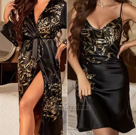 Cherry Print Satin Nightgown & Robe Set Rieworkes