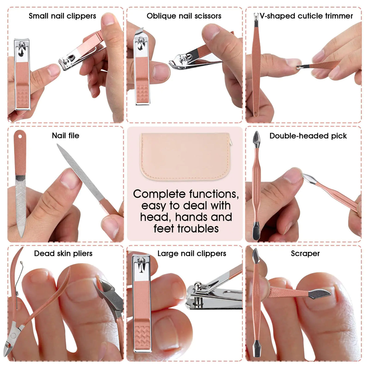 Nail Clippers and Beauty Tool Portable Set, Rose Gold Martensitic Stainless Steel Manicure Set 12 in 1, with Pink Leather Bag, Suitable for Home, Workplace, Outdoor Travel, Gift Giving, Salon. Rieworkes