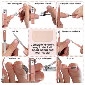 Nail Clippers and Beauty Tool Portable Set, Rose Gold Martensitic Stainless Steel Manicure Set 12 in 1, with Pink Leather Bag, Suitable for Home, Workplace, Outdoor Travel, Gift Giving, Salon. Rieworkes