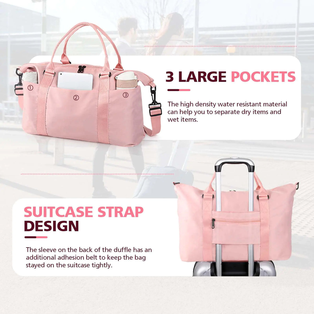 Travel Duffle Bag, Waterproof Weekender Bag Carry On Tote Bags for Women, Travel Essentials Sport Gym Bag for Men, Hospital Bag for Labor and Delivery, Overnight Bag Luggage Bag with Trolley Sleeve 01 Coral Pink Rieworkes