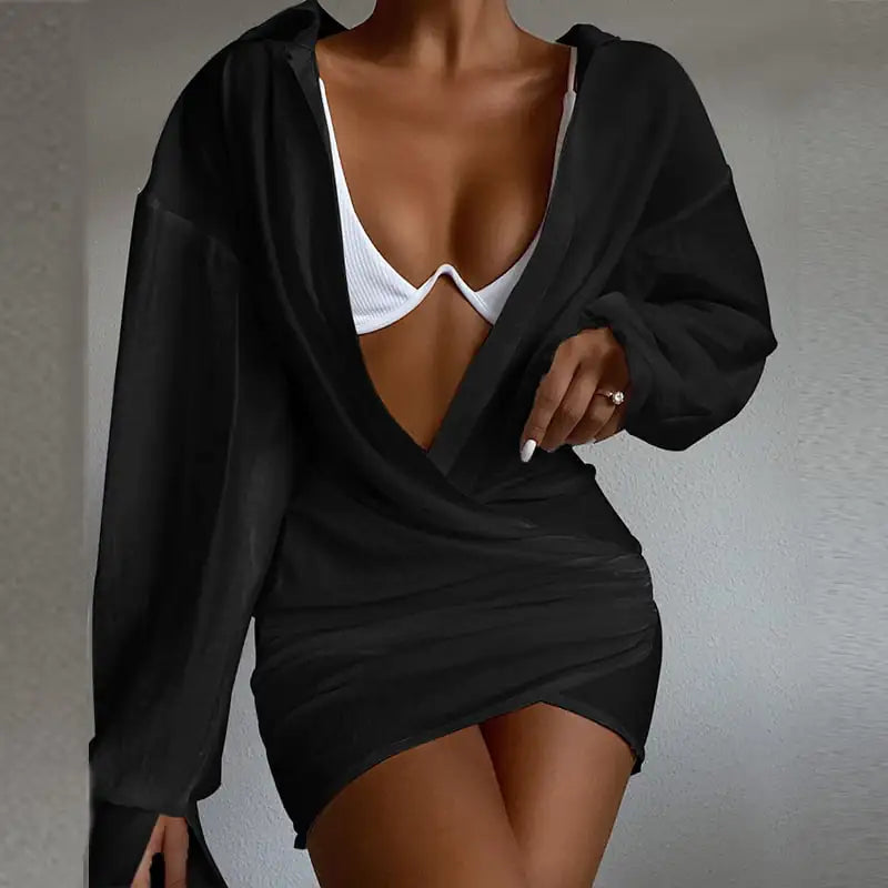 Deep V-neck Solid Color Long Sleeve Mini Dress Mimarta