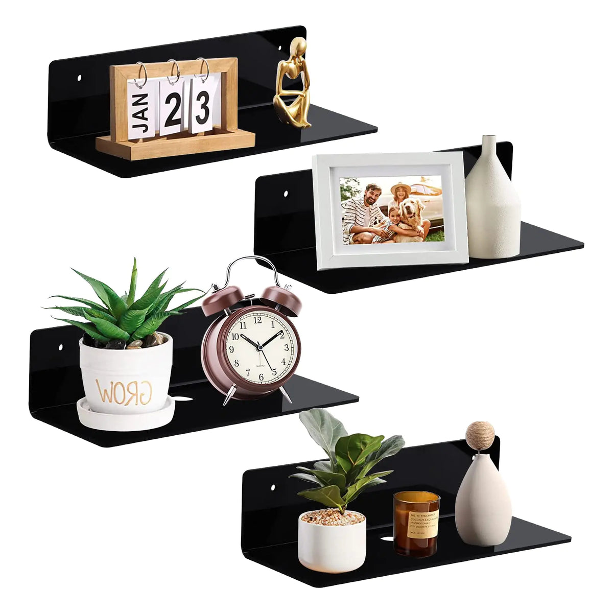 luium 9 Inch Acrylic Floating Shelf No Drill Adhesive Wall Shelf Set of 4 for Funko Pop Storage Floating Shelves Damage-Free Expand Wall Space for Living Room Bathroom Gaming Room Office - Black Mimarta