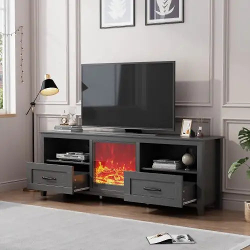 70.08 Inch Length Black TV Stand For Living Room And Bedroom, With 2 Drawers And 4 High-Capacity Storage Compartment,Suitable For Fireplace Rieworkes