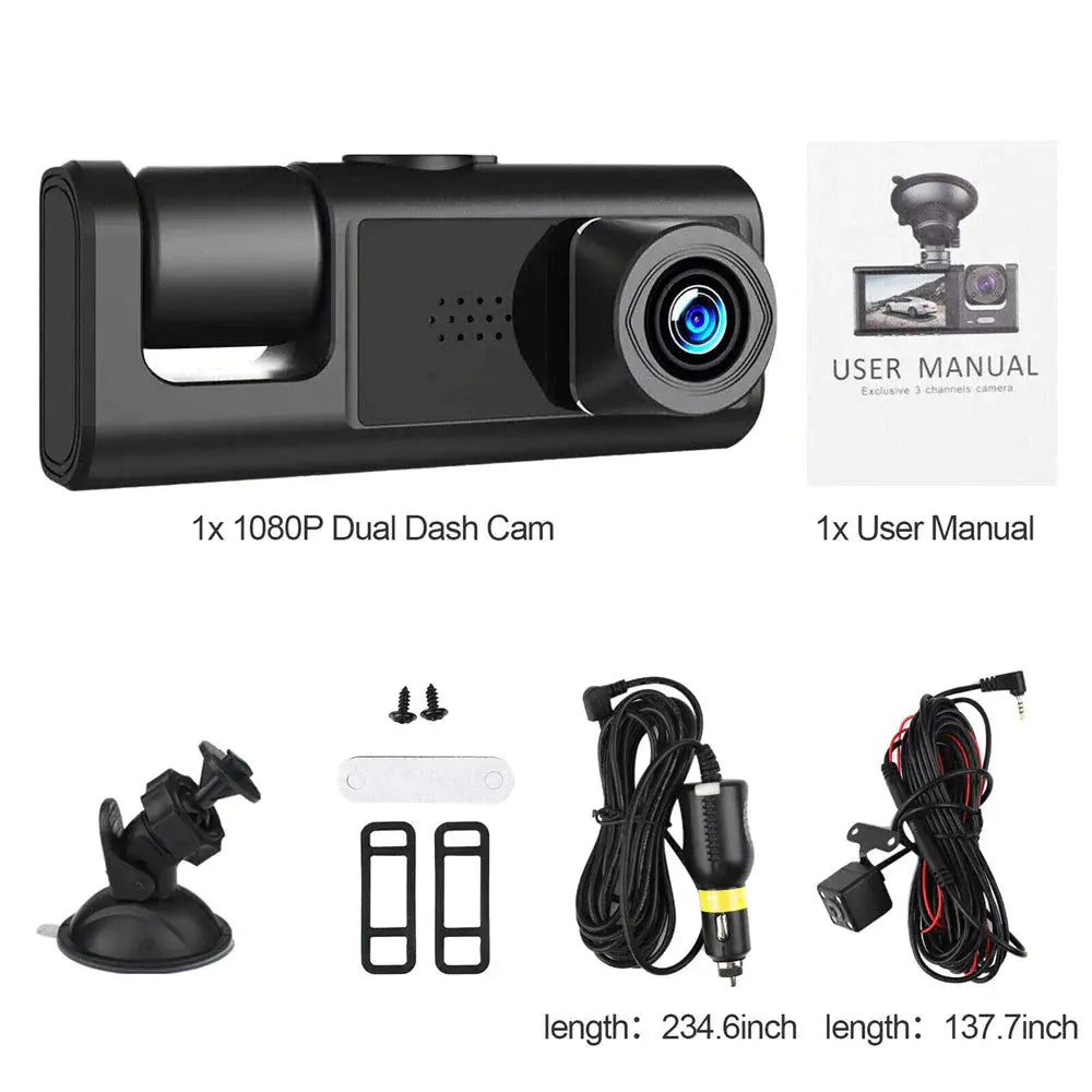 Car Dual Lens Dash Cam HD 1080P Front/Rear/Inside Video Recorder Camera G-Sensor Rieworkes