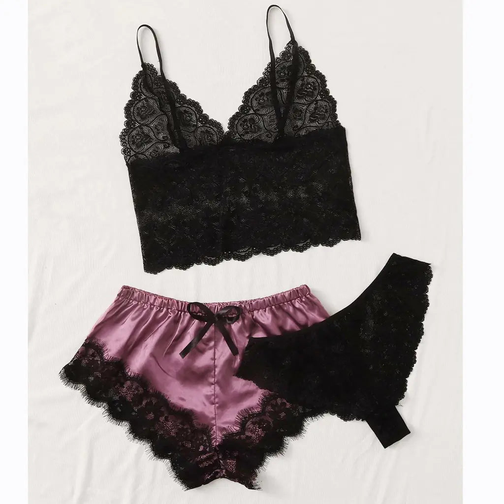 Women's 3-Piece Lace Pajama Set with Shorts and Top Mimarta