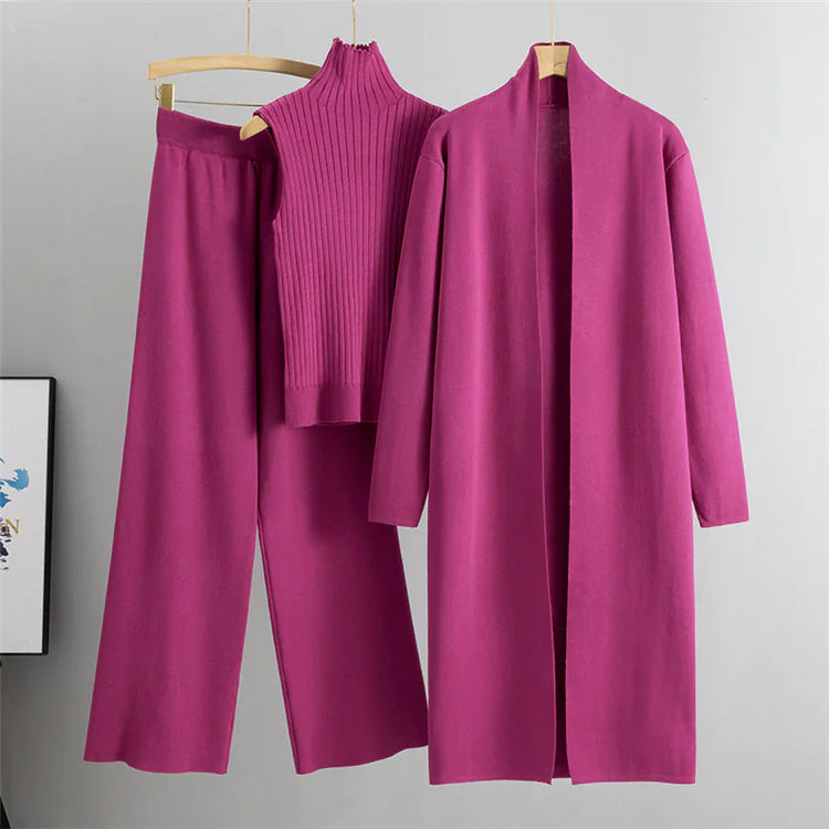 Women's 3-Piece Knit Set: Sleeveless Vest, Long Cardigan, and Wide-Leg Pants Rieworkes