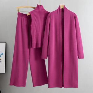 Women's 3-Piece Knit Set: Sleeveless Vest, Long Cardigan, and Wide-Leg Pants Rieworkes