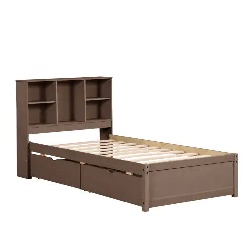 Modern Twin Size Bed Frame With Built-in USB Port On Bookcase Headboard And 2 Drawers For Walnut Color Rieworkes