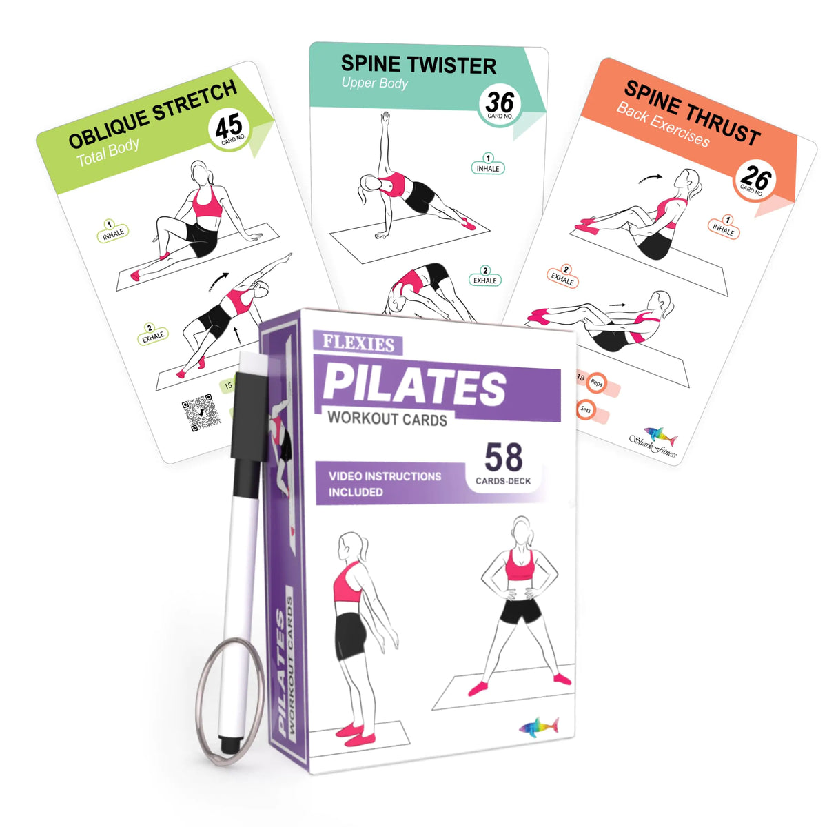 Flexies Pilates Workout Cards - 58 Exercise Cards with Pilates Mat Workout Postures Video Instructions &amp; Breathing Tips | Free Ring &amp; Dry-Erase Marker to Create at home pilates womens workout planner Mimarta