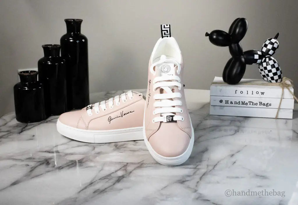 Versace Powder Blush Vitello Leather Signature Lace Sneakers Mimarta
