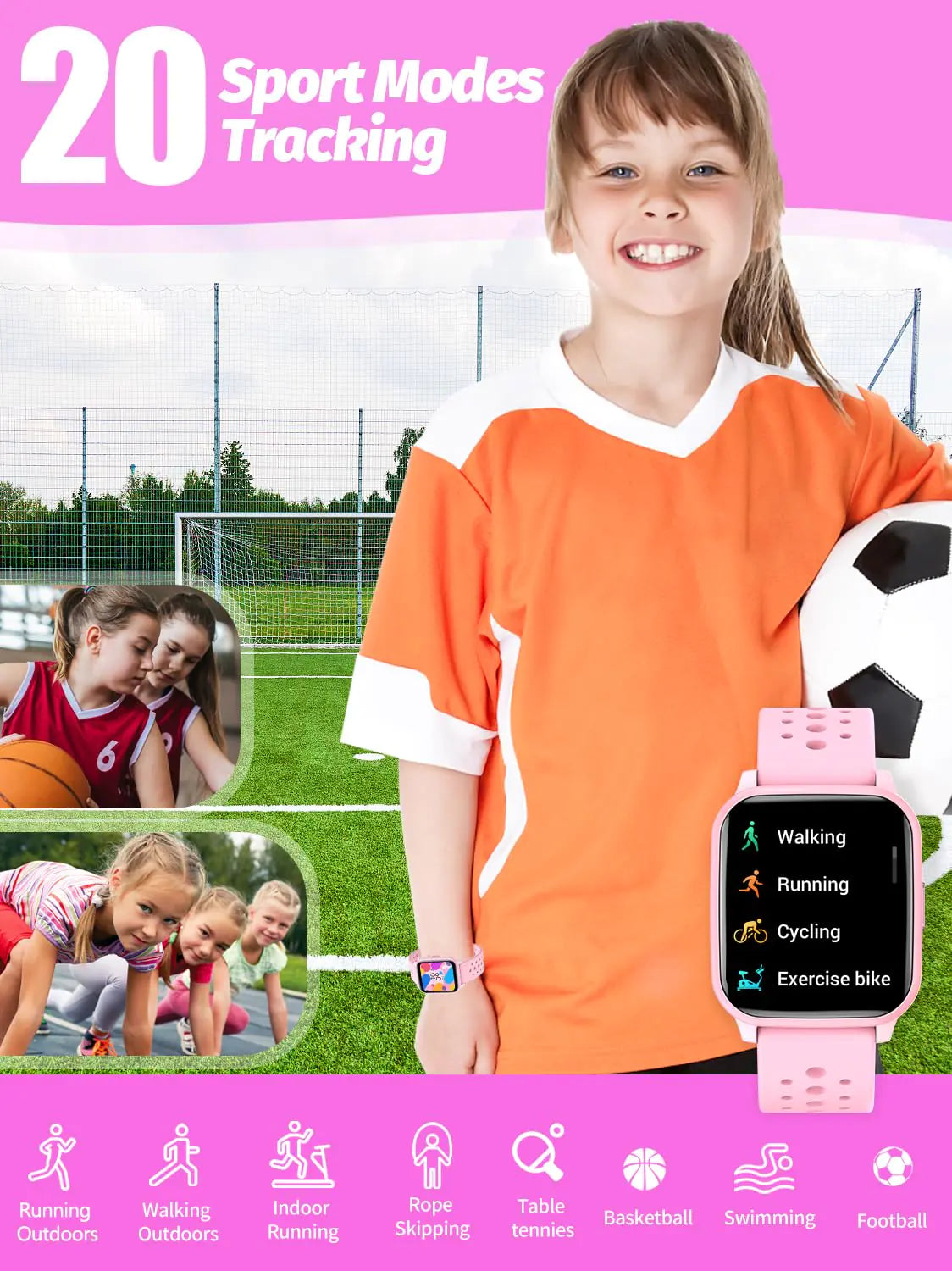 Kids Smart Watch Girls Boys, Smart Watch for Kids Game Smart Watch Gifts for 4-16 Years Old with Sleep Mode 20 Sports Modes 5 Games Pedometer Birthday Gift for Boys Girls (Pink) Pink Rieworkes