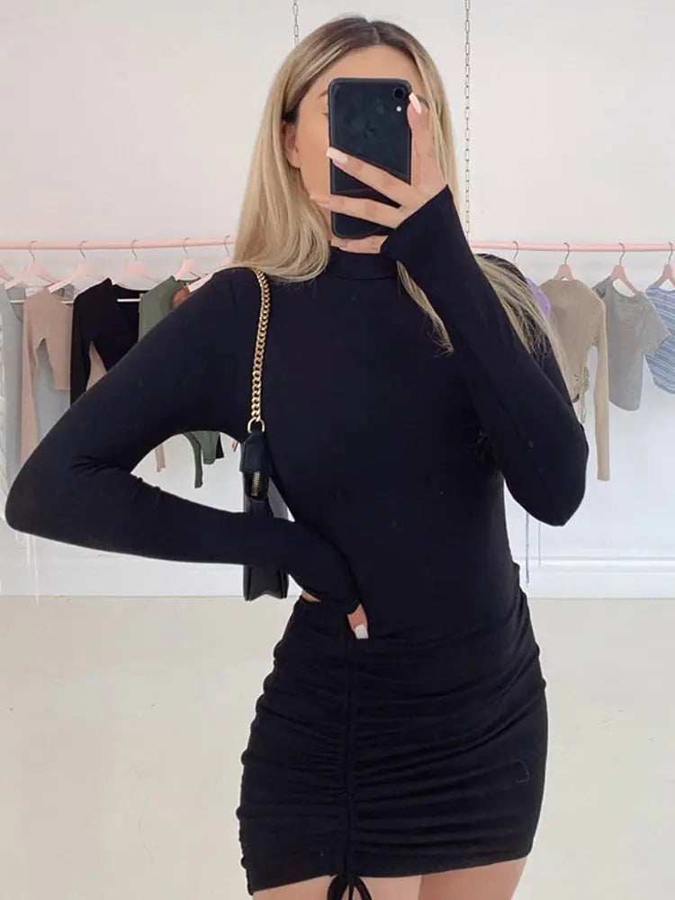 Black Turtleneck Ruched Bodycon Mini Dress for Women Mimarta