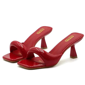 RYNKOMA Womens Leather One Band Square Open Toe Stiletto Slide Sandals Fashion Slip-On Sexy Kitten Heel Mule Sandals Wedding Party Evening Prom Dance Backless Dress Slipper Pump Shoes (Red8.5) Mimarta